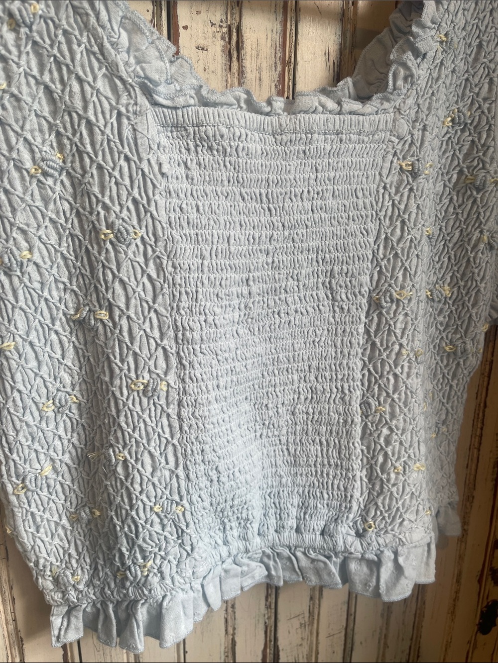 Light Blue Smocked Puff Sleeve Top with Floral Details - Picture 10 of 11